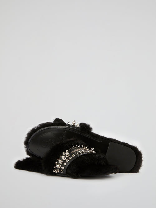 Black Spike Studded Fur Slippers