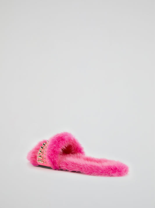 Pink Spike Studded Fur Slippers