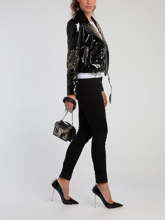 Black Spike Studded Patent Leather Jacket