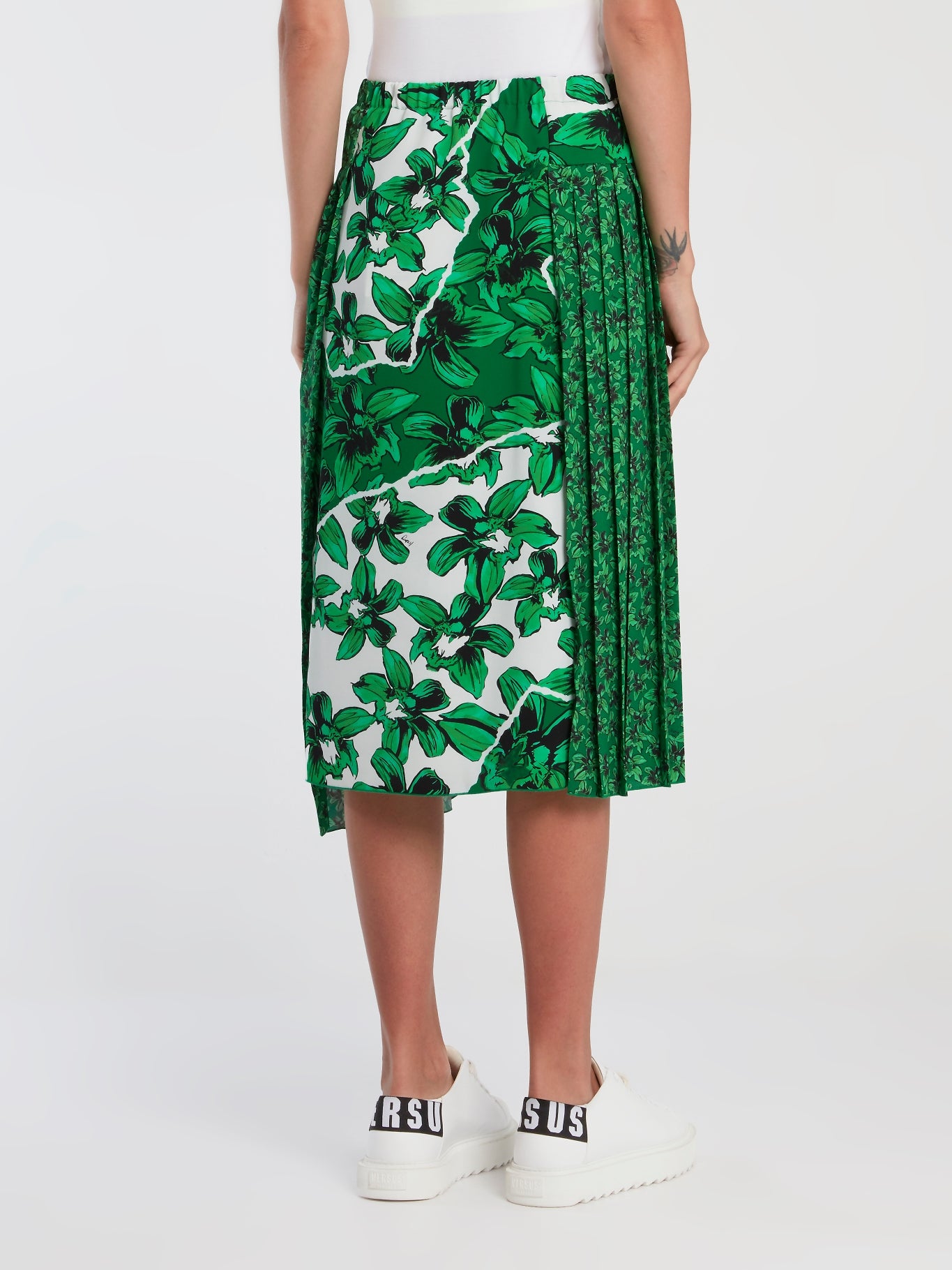 Green Floral Pleated Midi Skirt