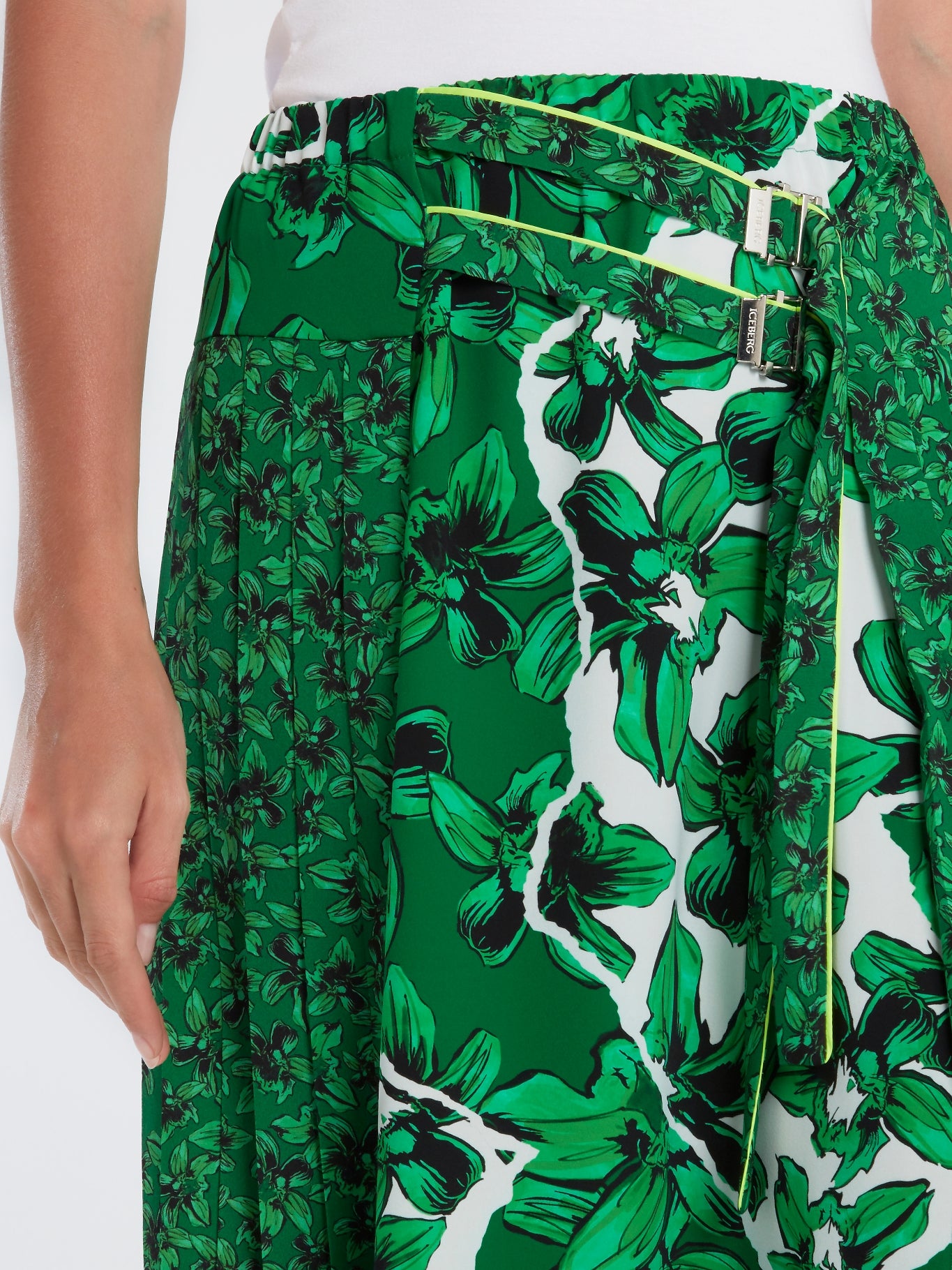 Green Floral Pleated Midi Skirt