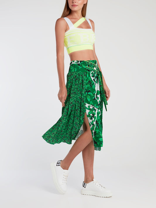 Green Floral Pleated Midi Skirt