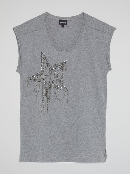 Grey Beaded Star Sleeveless Top