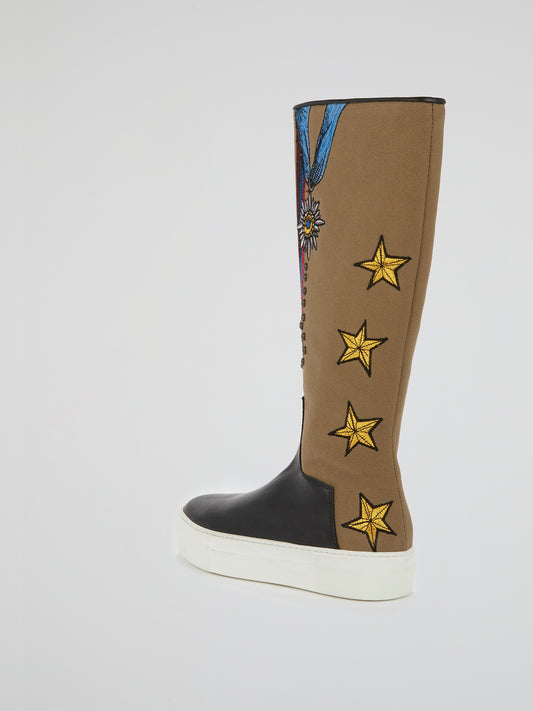 Embroidery Canvas Platform Boots