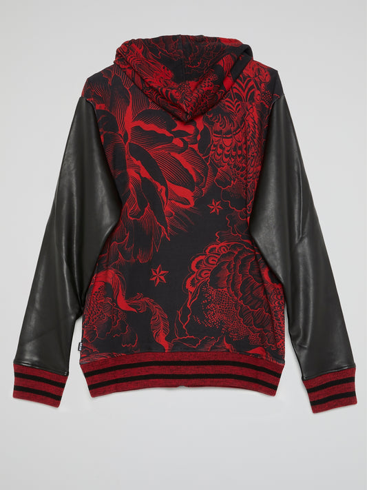 Floral Leather Sleeve Hooded Sweatshirt