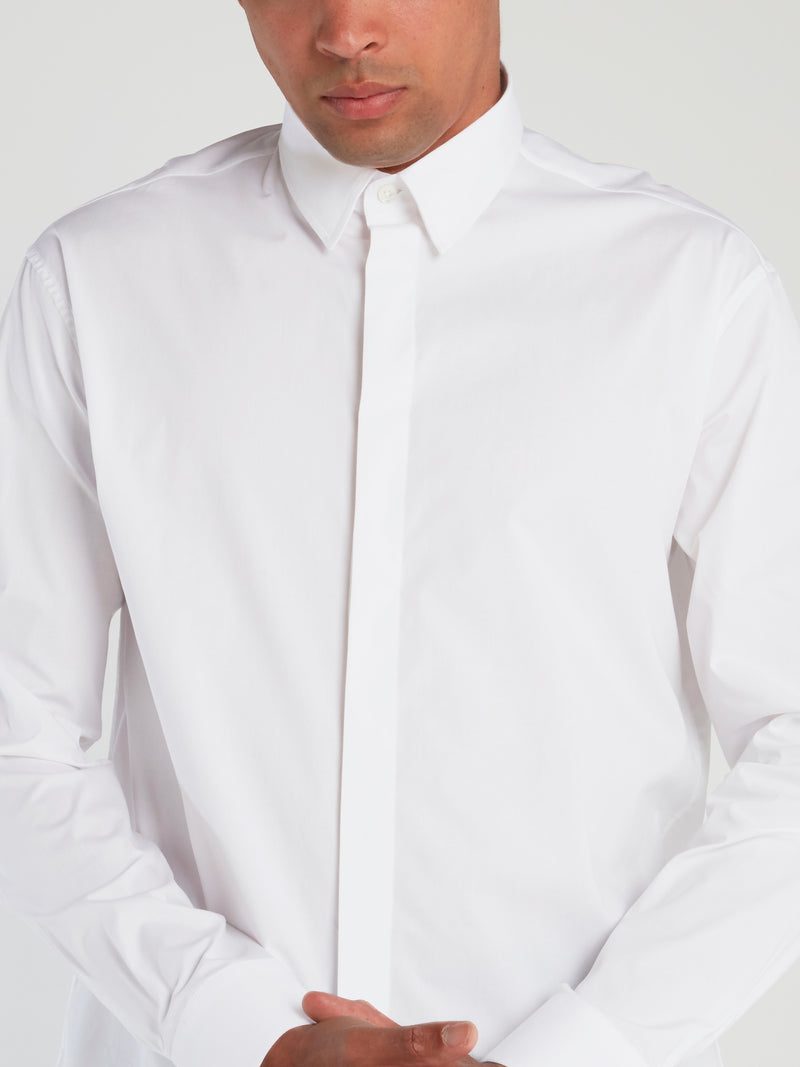 White Rear Print Button Up Shirt