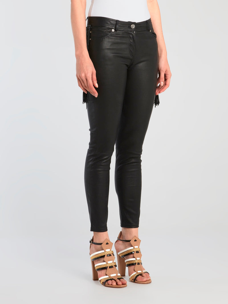 Black Tassel Detail Leather Pants