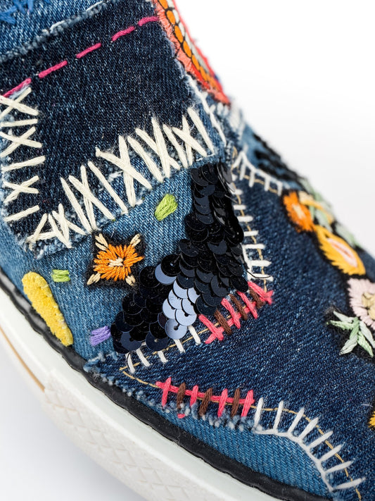 Embroidered Slip On Denim Sneakers