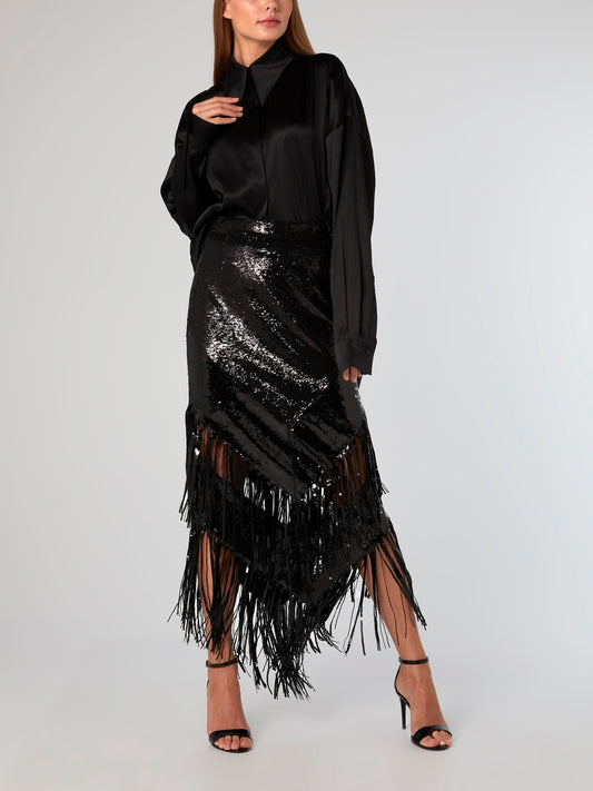 Black Fringe Hem Sequin Skirt
