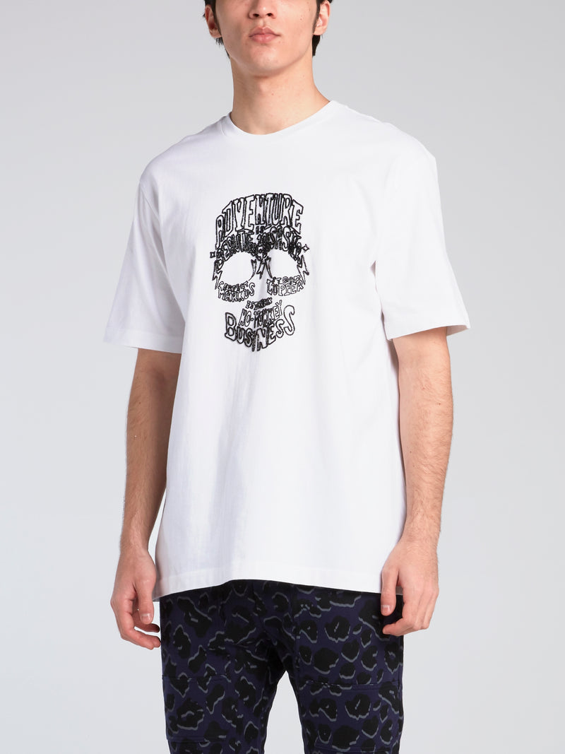 White Beaded Statement Skull T-Shirt