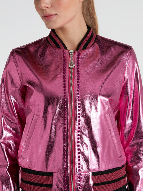 Pink Embellished Leather Bomber Jacket