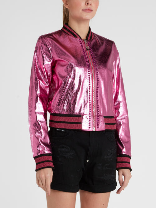 Pink Embellished Leather Bomber Jacket