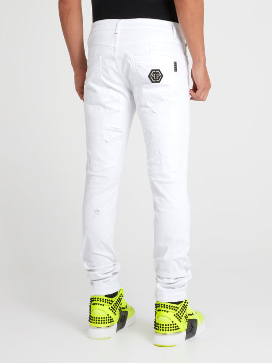 White Distressed Straight Cut Jeans