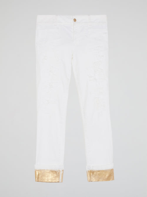 White Contrast Hem Pants