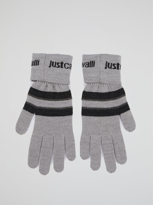 Grey Striped Knitted Gloves