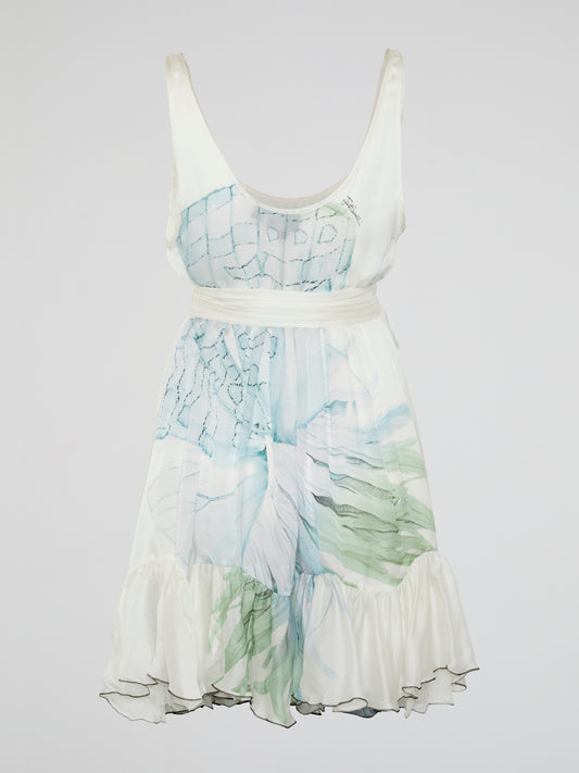White Printed Frill Hem Dress
