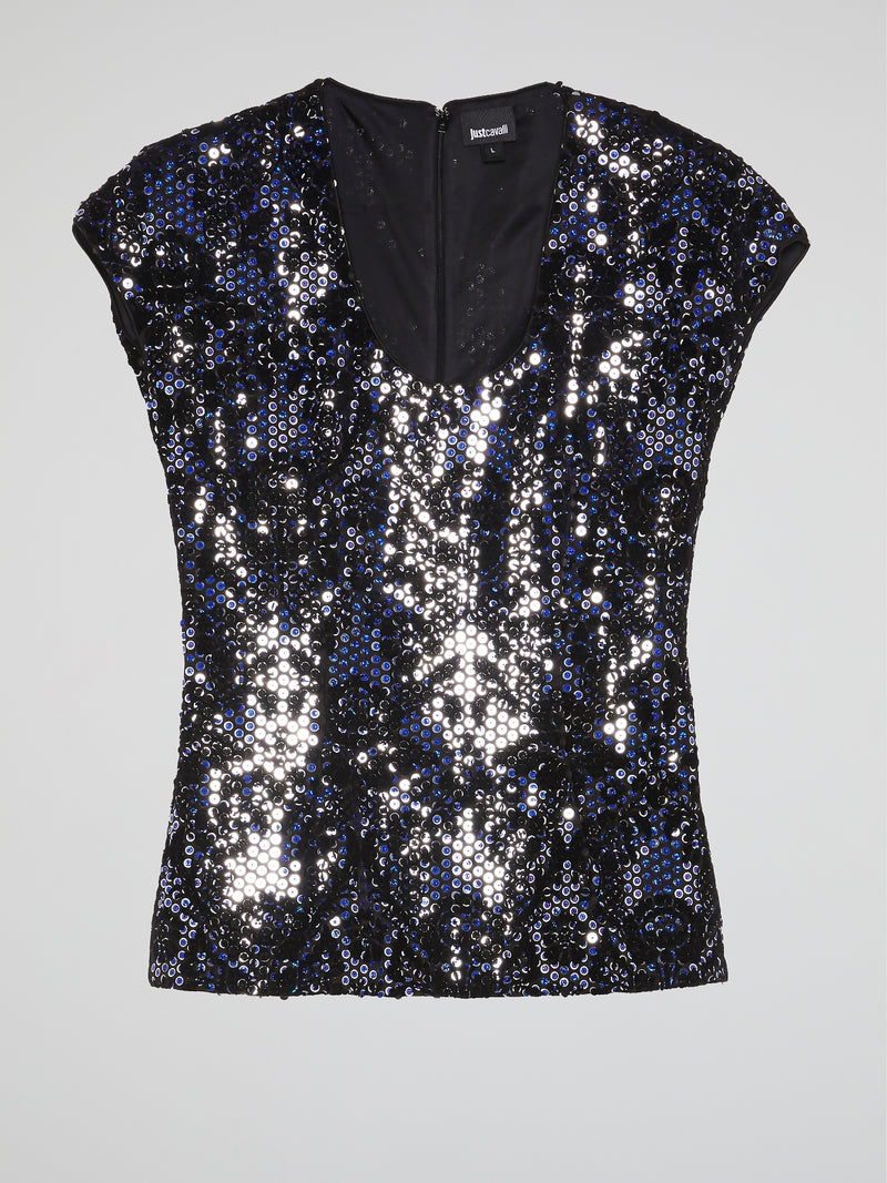 Navy Scoop Neck Sequin Top