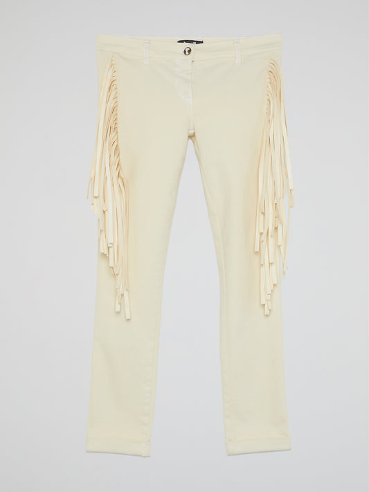 White Fringe-Detail Trousers