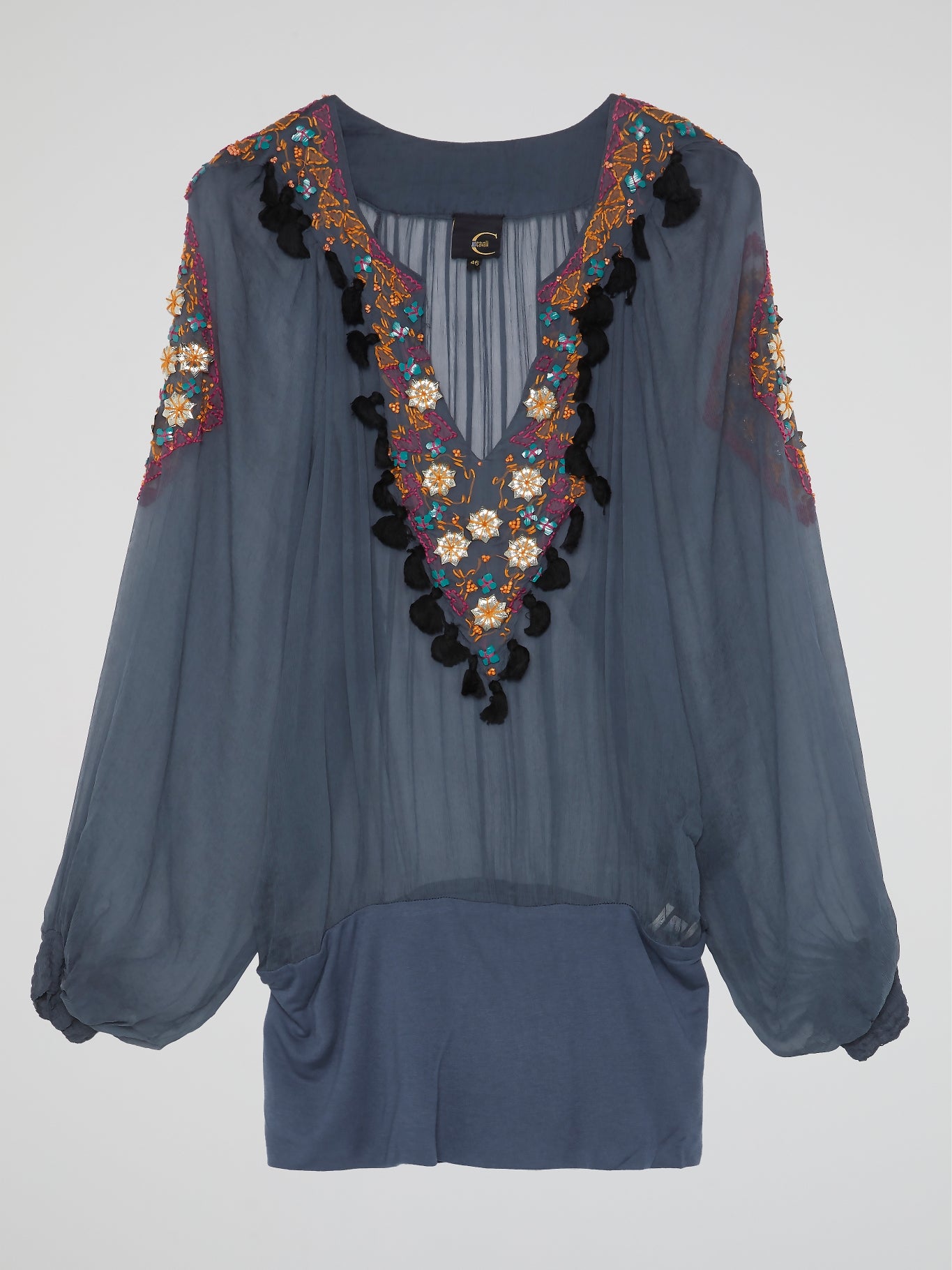 Navy Embellished Peasant Top