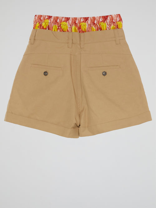 Brown Contrast Waist Shorts