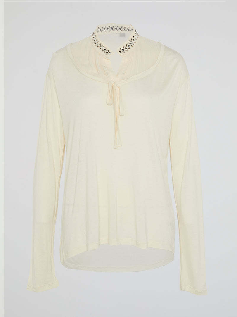 White Studded Collar Long Sleeve Top