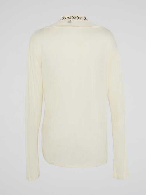 White Studded Collar Long Sleeve Top