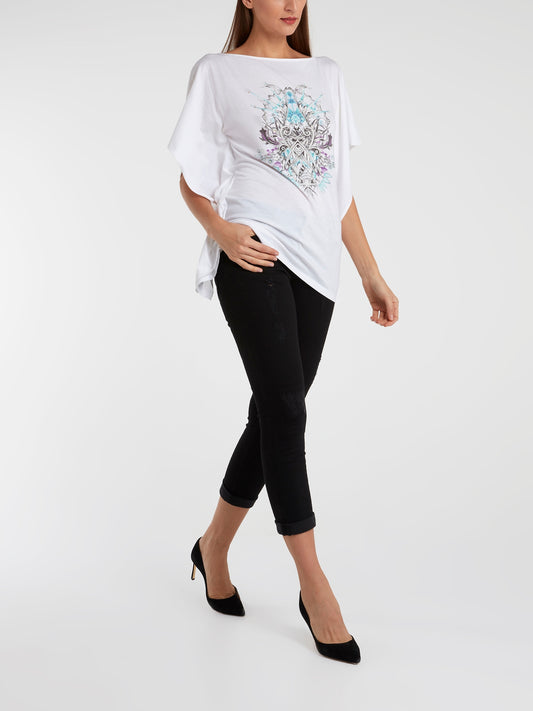 White Printed Butterfly Sleeve Top