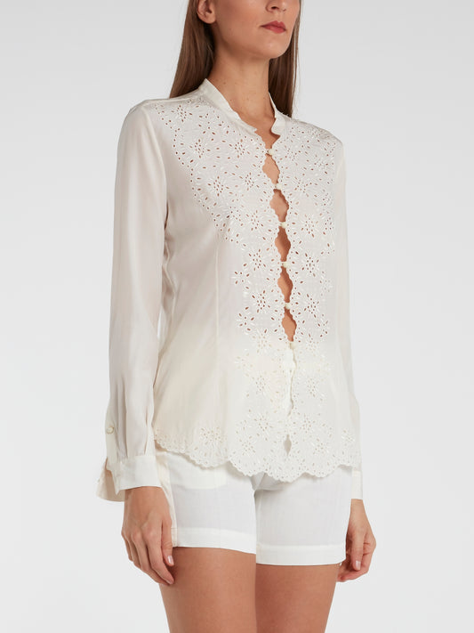 White Button Up Perforated Blouse