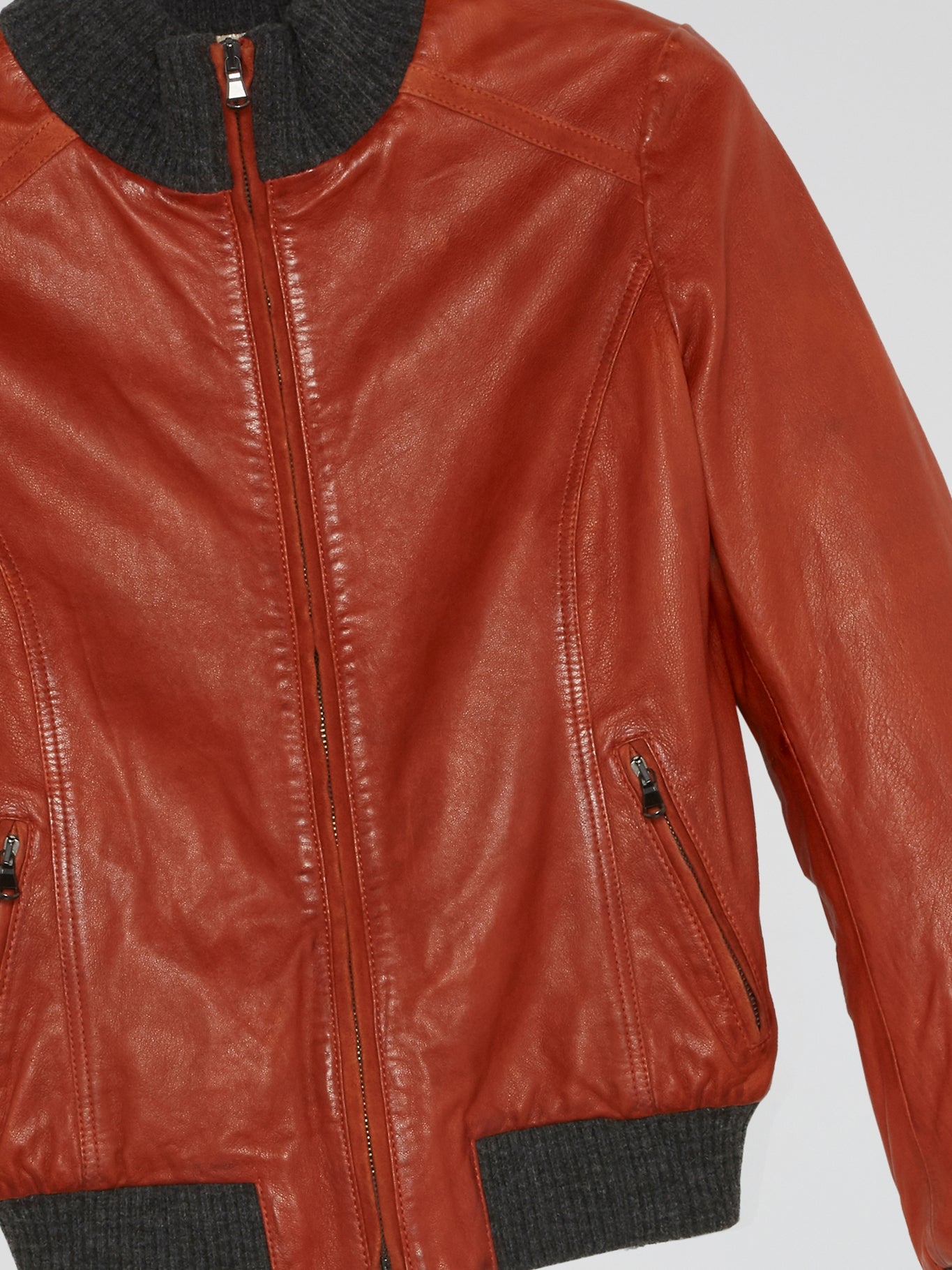 Red Ribbed Trim Leather Jacket