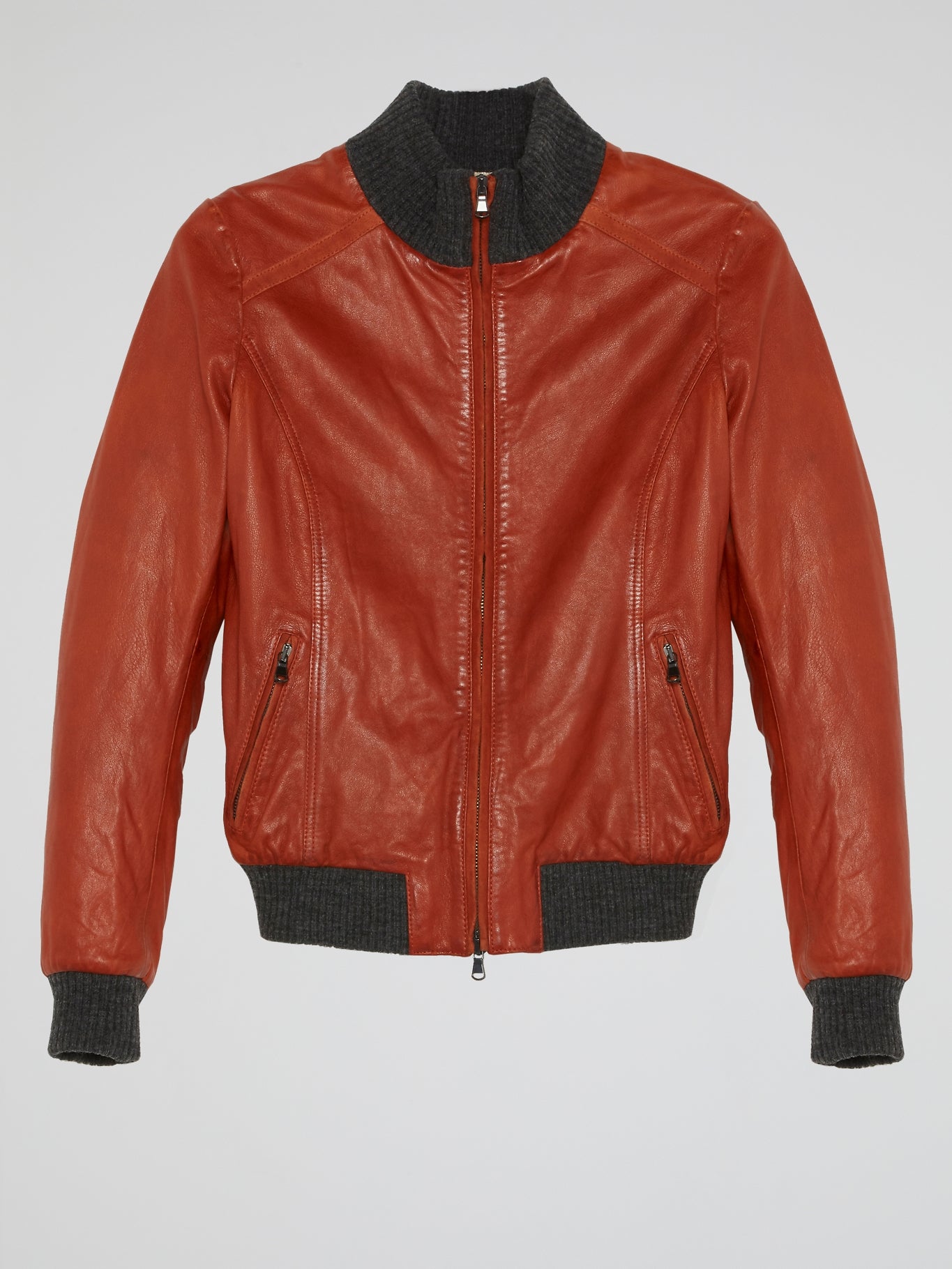 Red Ribbed Trim Leather Jacket