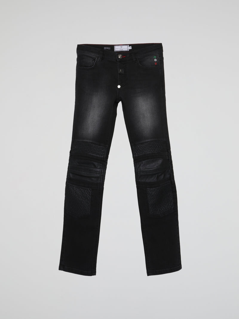 Black Leather Patch Faded Jeans (Teens)