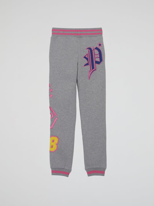 Grey With Pink Logo Design Jogging Trousers (Kids)