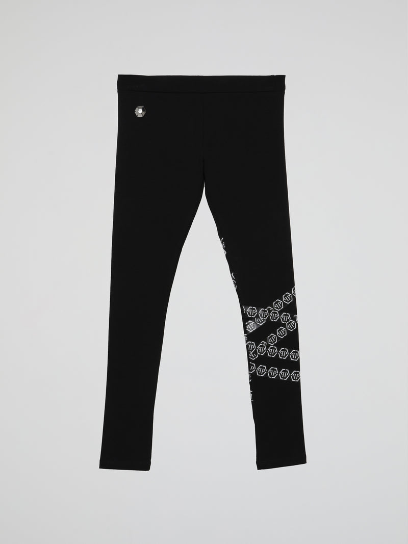 Black Logo Chain Design Sports Leggings (Kids)