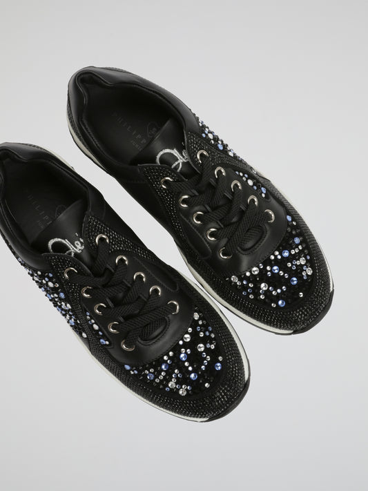 Black Crystal Embellished Lace Up Sneakers (Kids)