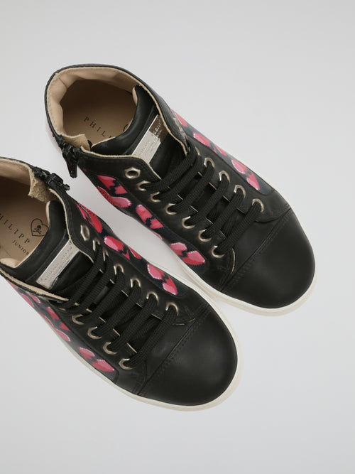 Black Heart Print Leather Shoes (Kids)