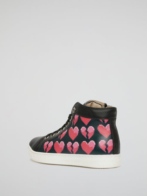 Black Heart Print Leather Shoes (Kids)